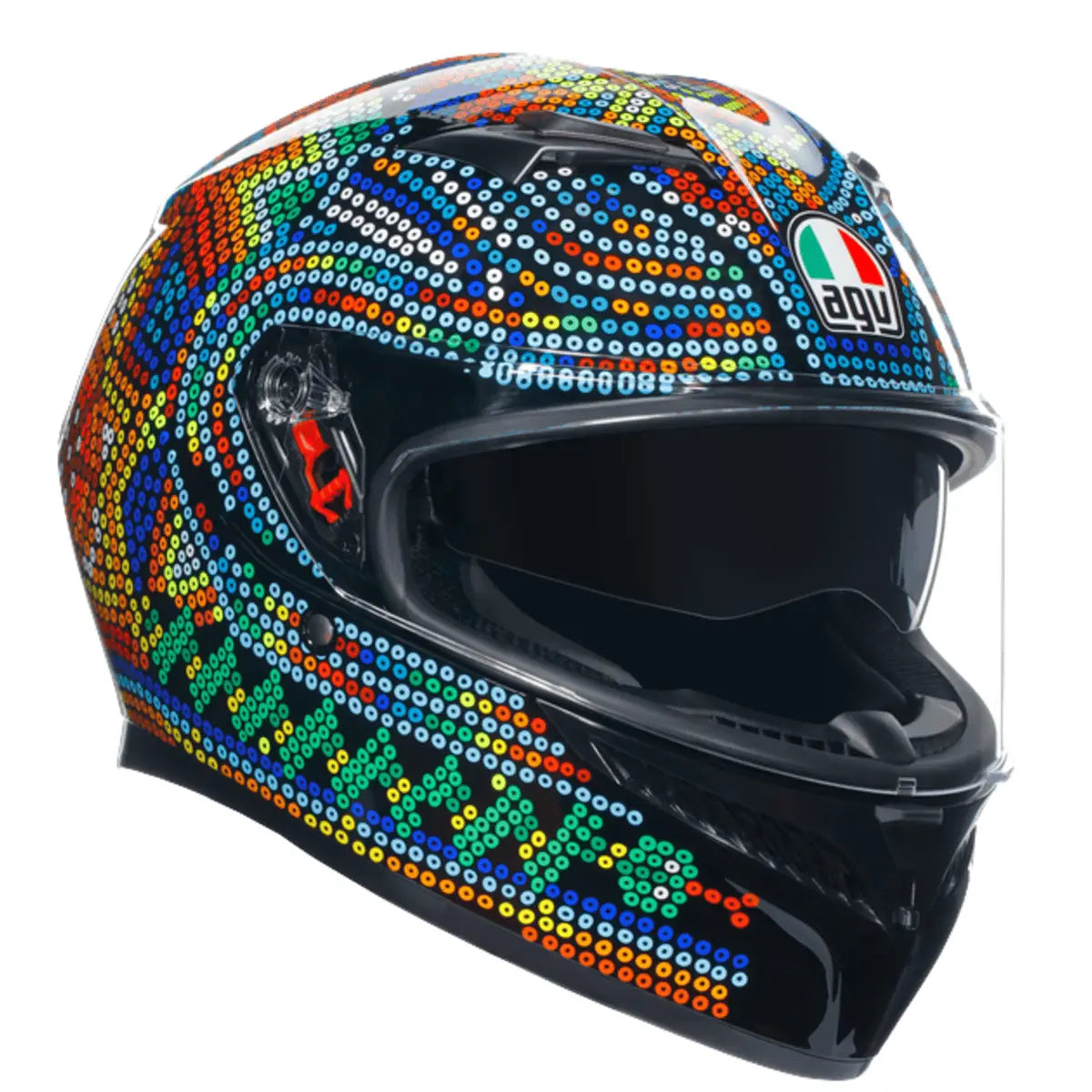 AGV K3 SV Rossi Winter Test 2018 motorhelm met sneeuwdesign en geïntegreerd zonnevizier.