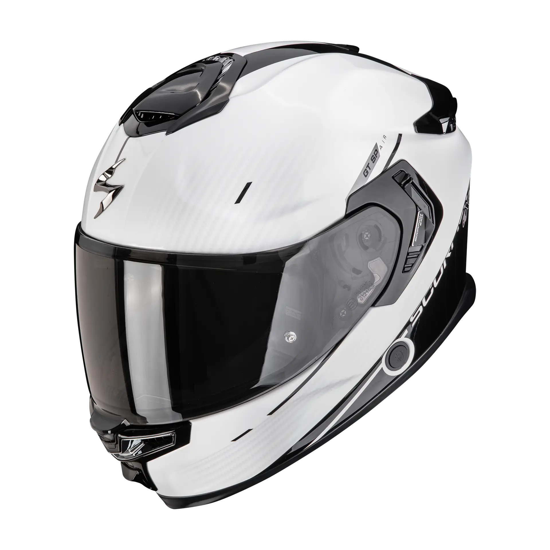 Scorpion EXO-GT SP Air Asphalt Pearl White Black motorhelm met rood vizier, schuin vooraanzicht
