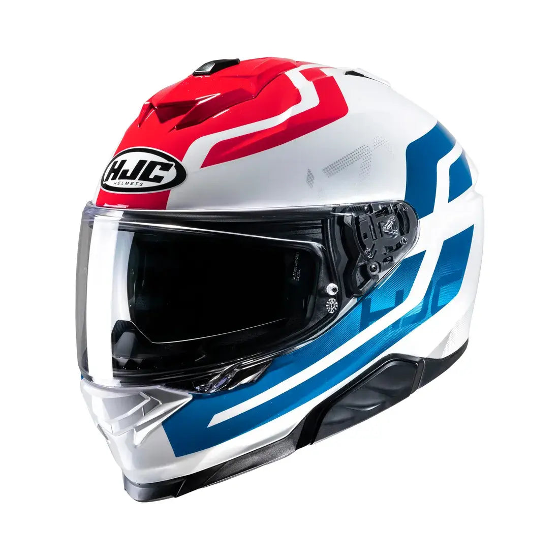 HJC i71 Enta integraalhelm in wit en blauw met geïntegreerd zonnevizier en sportief design.