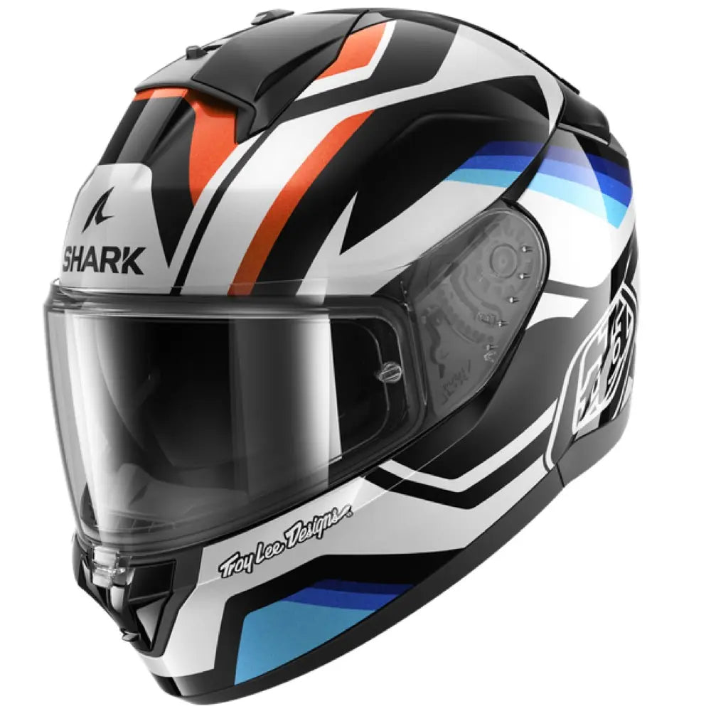 Shark Ridill 2 Apex motorhelm in Black White Blue met sportief design en geïntegreerd zonnevizier.