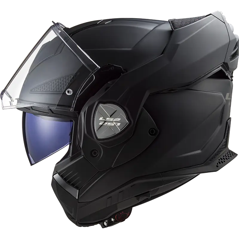 LS2 Advant Solid FF906 systeemhelm in Mat Zwart met opklapbaar ontwerp en geïntegreerd zonnevizier.