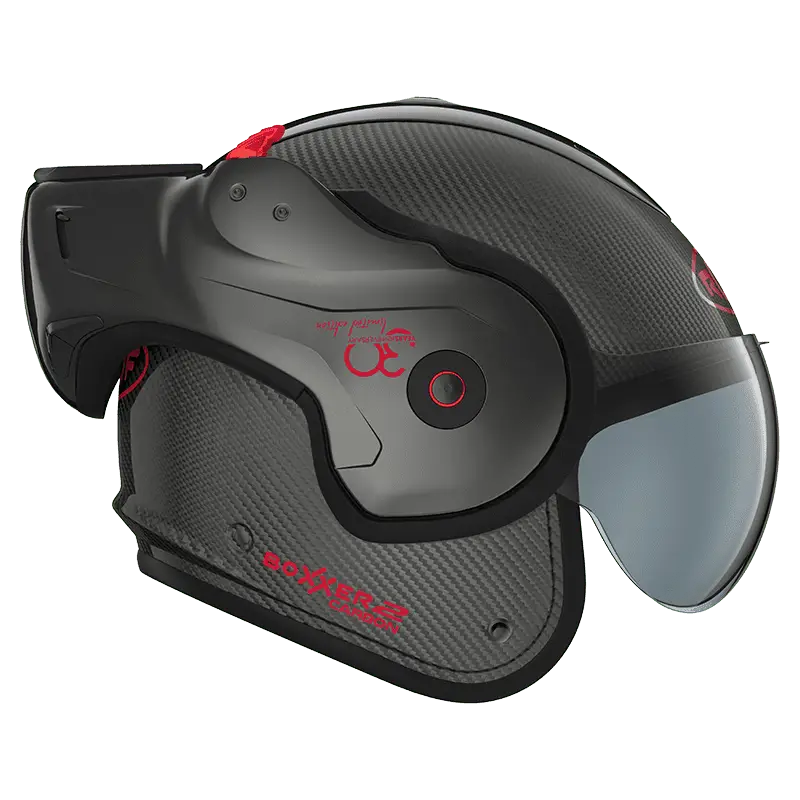 Roof Boxxer 2 Carbon Thirty motorhelm in titaniumkleur met carbon details, modern design en flip-over systeem.