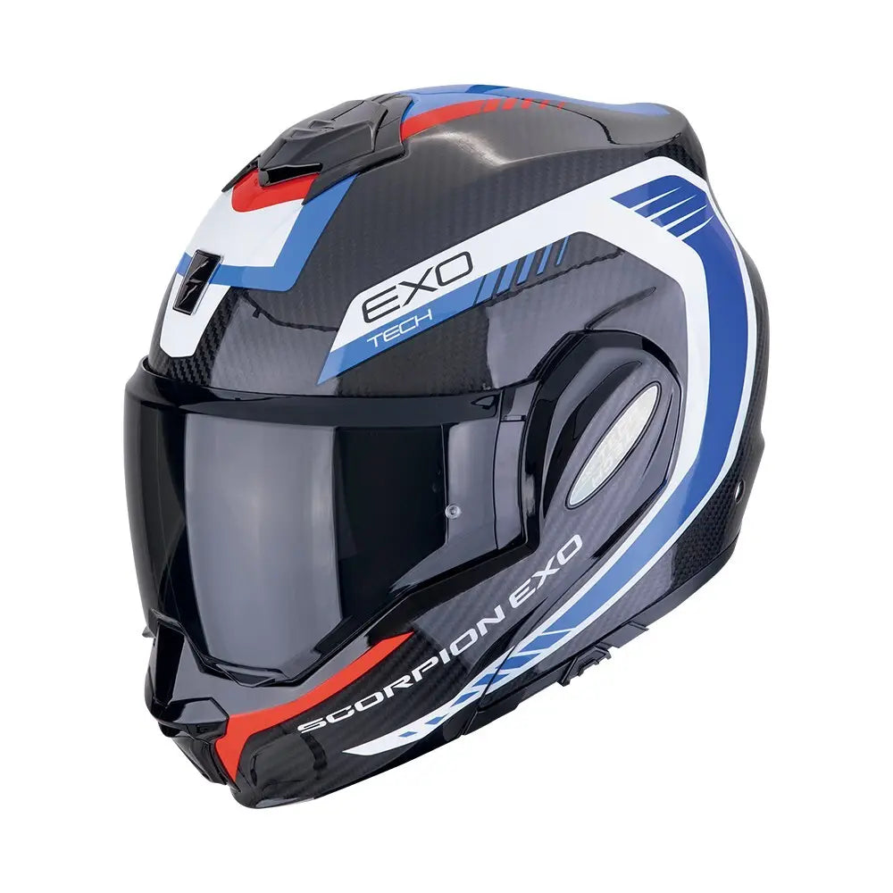 Een modulaire motorhelm met een carbon buitenlaag in zwart, blauw en rood, de Scorpion Exo-Tech Evo Carbon Cosy, die stijl en veelzijdigheid biedt voor elke rijder.
