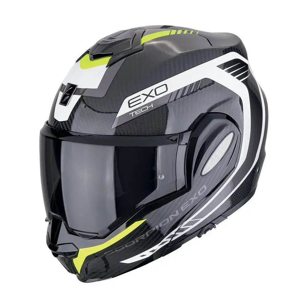 Scorpion Exo-Tech Evo Carbon Cosy Black-Neon Yellow motorhelm met carbon constructie en modulaire functionaliteit