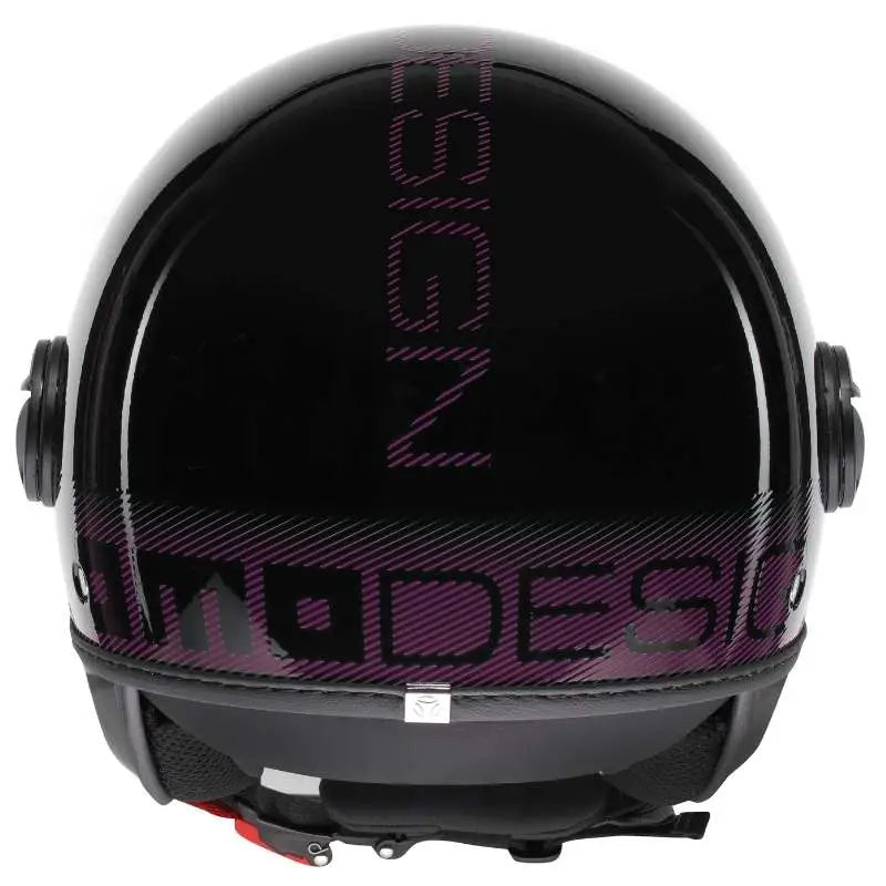 Momo FGTR Classic Stripes jethelm in Glossy Black Fuxia met opvallende accenten en retro-modern design.