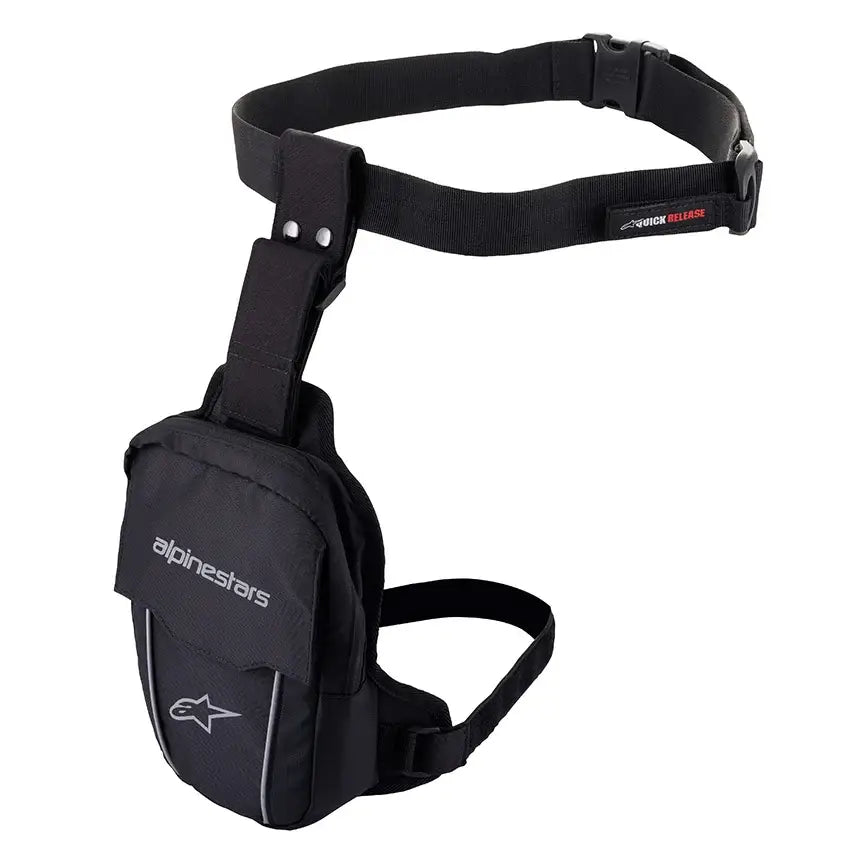 Alpinestars Access Thigh Beentas in zwart, compacte en verstelbare motor heuptas voor veilig meenemen van essentials.