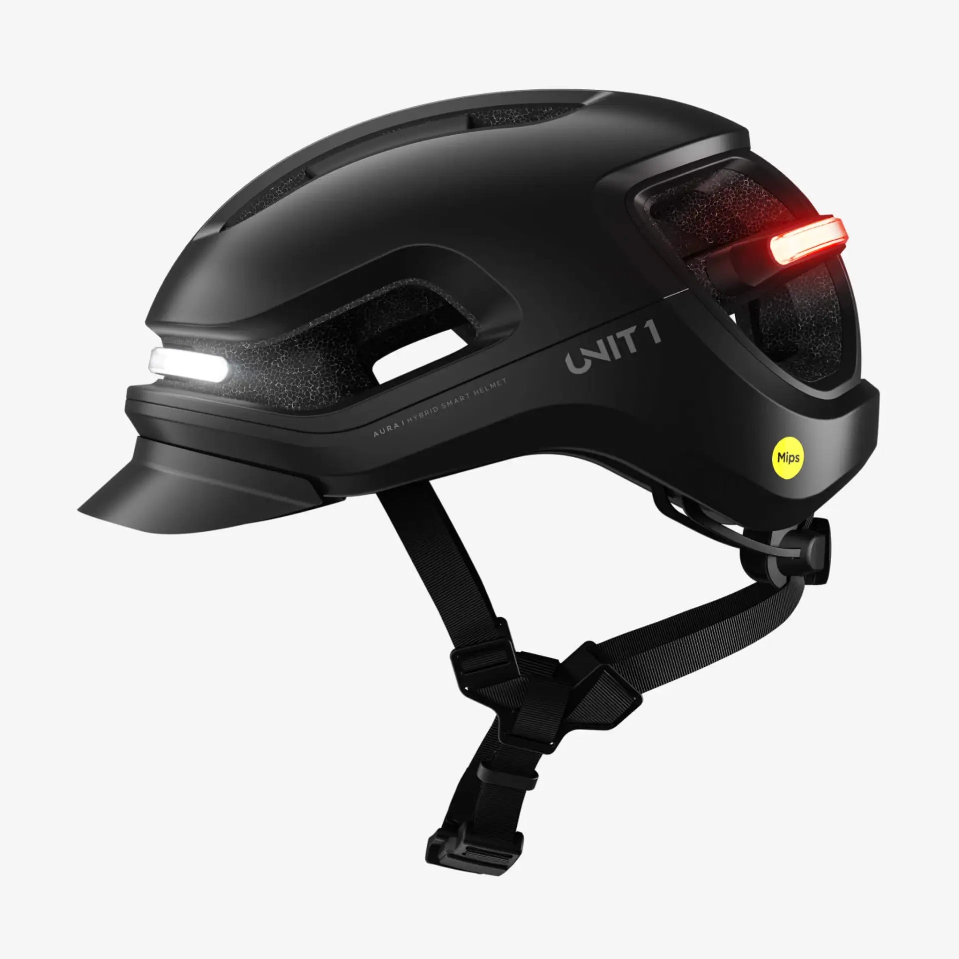 Unit 1 Gear AURA Blackbird fietshelm met geïntegreerde verlichting.