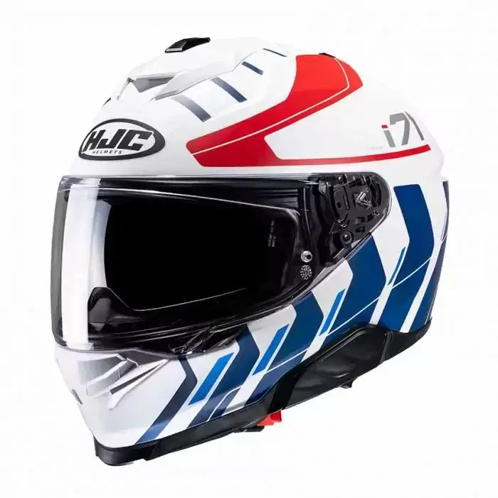 HJC i71 Simo integraalhelm in wit en rood met sportief design en geïntegreerd zonnevizier.