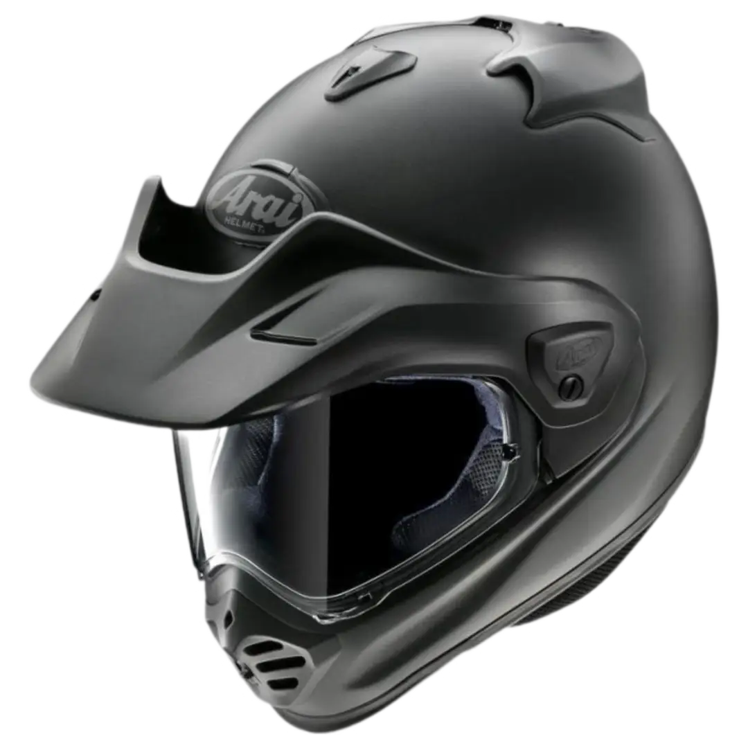 Arai Tour X5 motorhelm in mat zwart met veelzijdig design, geschikt voor off-road en toerritten.