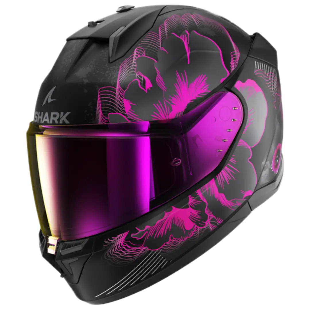 Shark D-Skwal 3 Mayfer motorhelm in mat zwart met paarse en antraciet accenten, modern en aerodynamisch design.