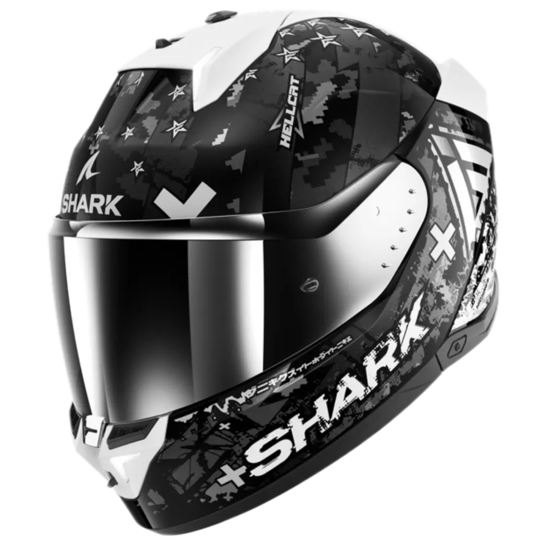 Shark Skwal i3 motorhelm Hellcat Black Chrom Silver met geïntegreerde LED-verlichting en sportief design.