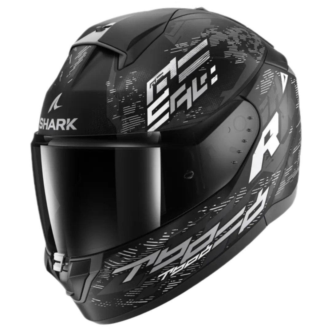 Shark Ridill 2 Molokai motorhelm in Mat Black White Silver met geïntegreerd zonnevizier en modern design.