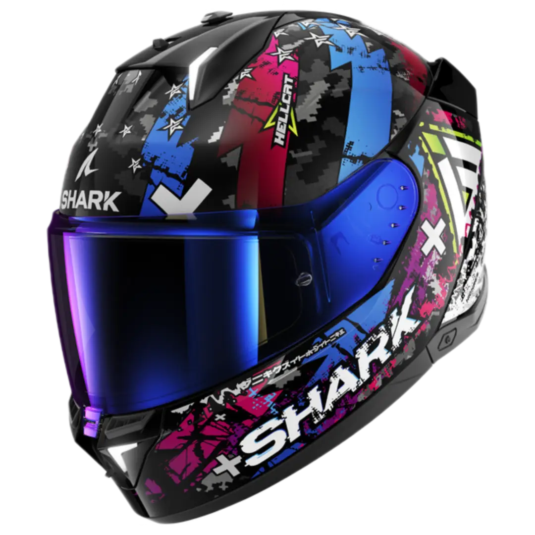 Shark Skwal i3 Hellcat motorhelm in zwart met chromen blauwe accenten, modern design en geïntegreerde LED-verlichting.