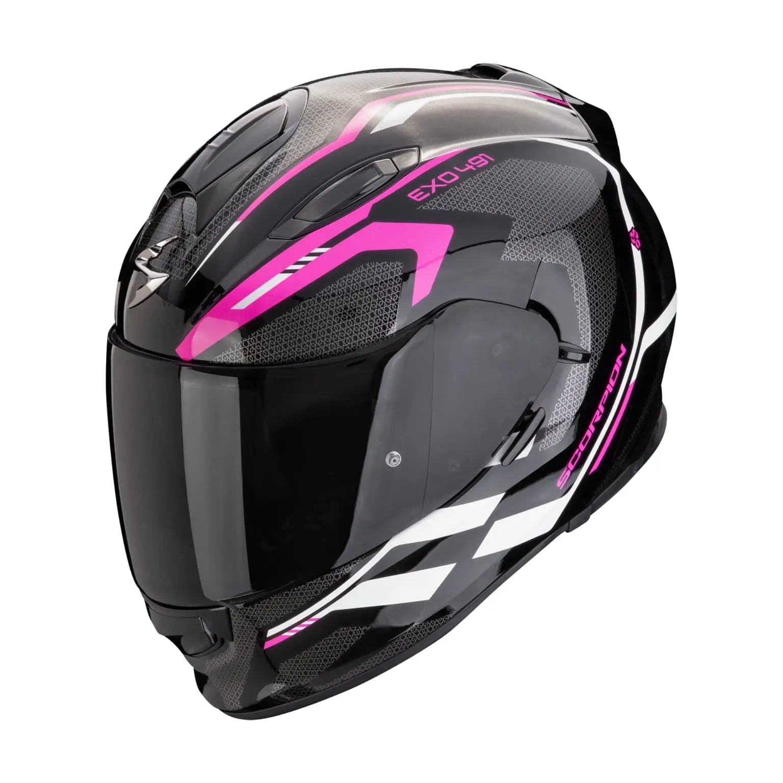Scorpion Exo-491 Kripta motorhelm in zwart met roze en witte accenten, sportief design en veelzijdige functies.