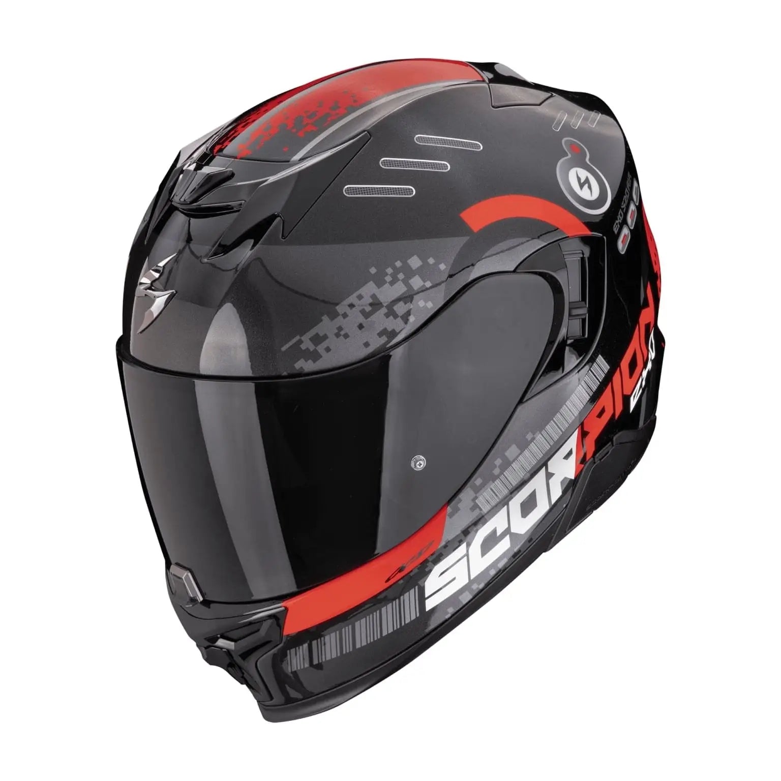 Een sportieve motorhelm in zwart met rode en metalen accenten, de Scorpion Exo-520 Evo Air Titan, ontworpen voor dynamische prestaties en stijl.