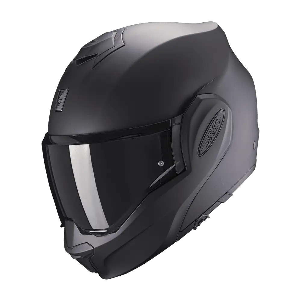 Scorpion Exo-Tech Evo motorhelm in mat zwart met innovatief design en veelzijdige functies.